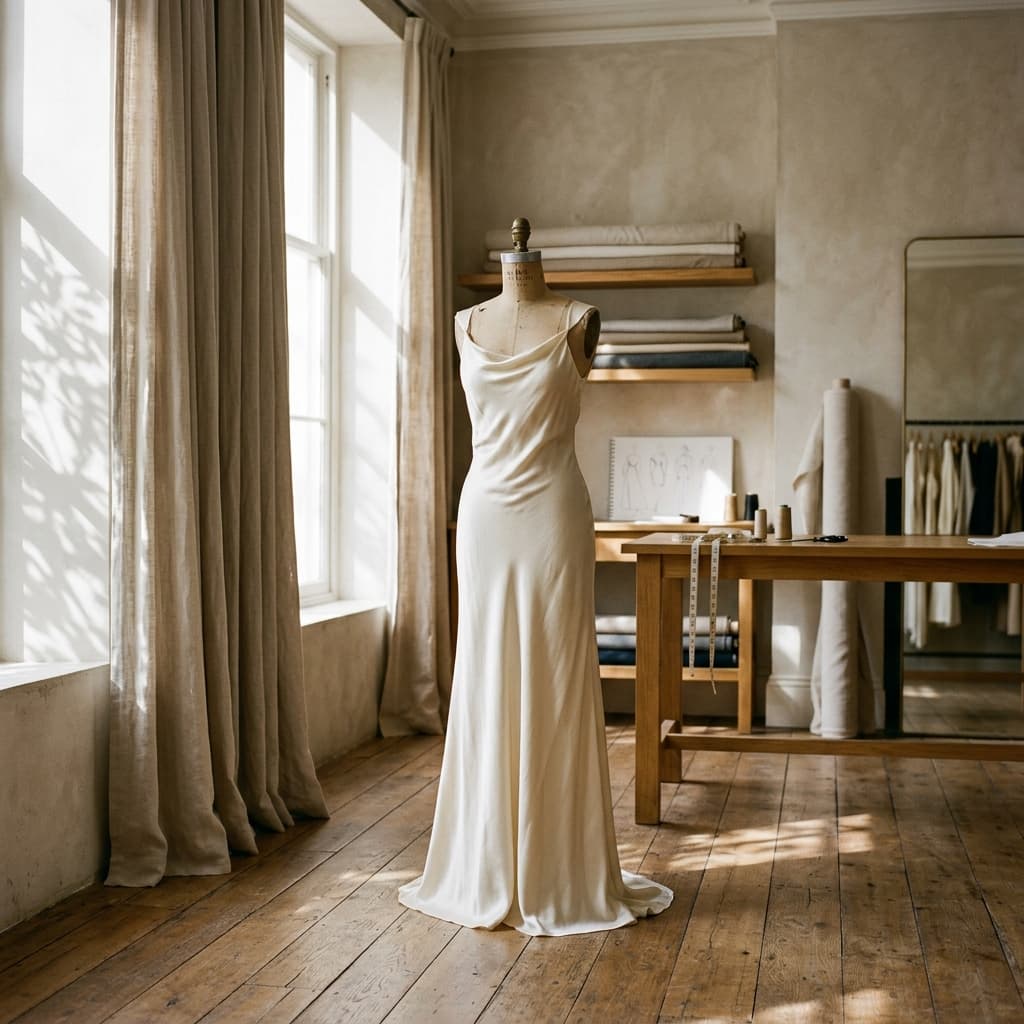 Minimalist luxury draped dress at PokiSoki